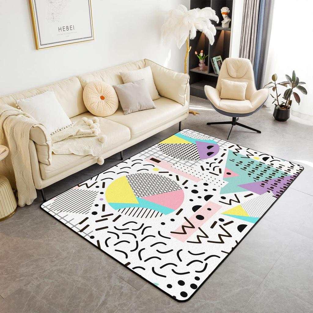 Memphis Area Rug, Hipster Retro Doormat, 80s 90s Hip Hop Funky Colorful Pop Art Inspired Carpet for Playroom Geometric Floor Mat
