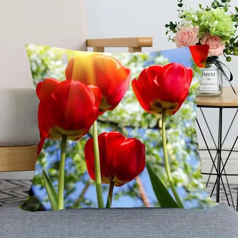 "Floral Tulip Pillowcase, Soft Cotton - Vibrant Flower Design for Spring Decor, Comfortable and Stylish, Perfect Gift for Home"