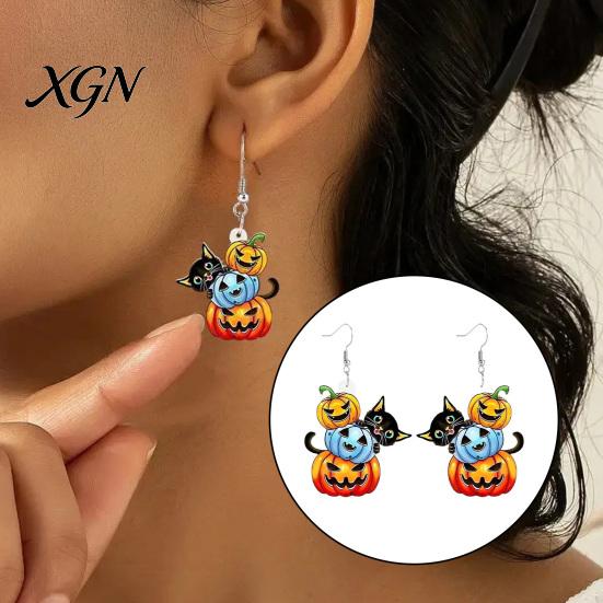 Fun Autumn Seasonal Jewelry 1 Pair Halloween Drop Dangle Earrings for Women, Acrylic Pumpkin Hypoallergenic Sensitive Ears Black Cat Earrings, Holiday