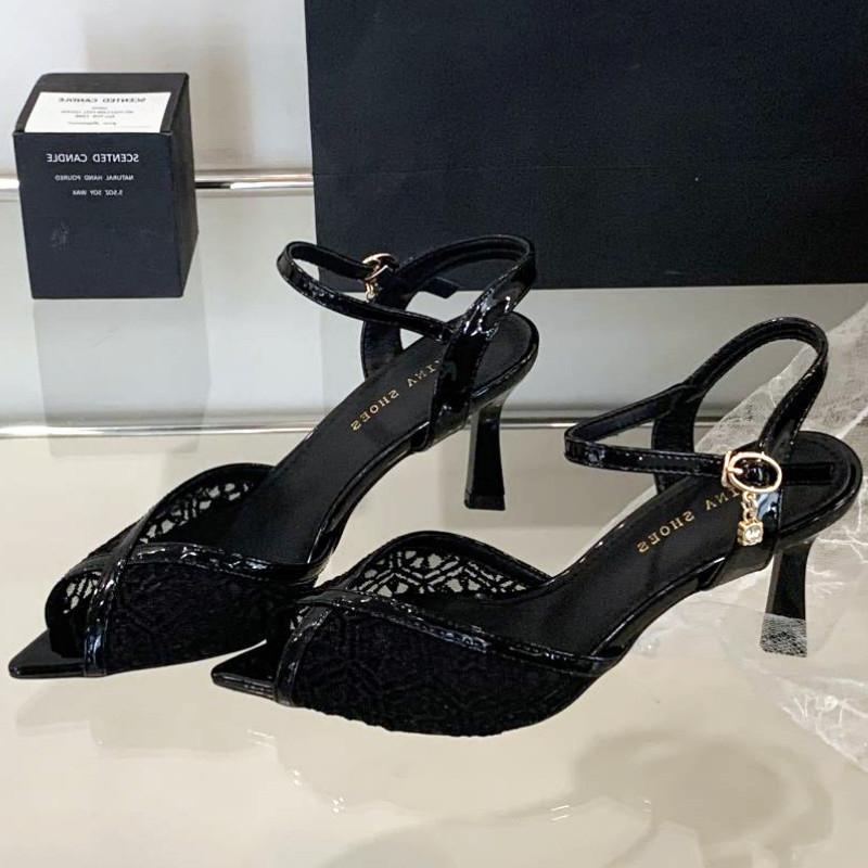 Fashion Luxury Mesh Thin High Heel Women Sandals Summer Fashion Pointed Toe Shallow Slide Shoes Comfort Elegant Belt Buckle Ladies Shoes