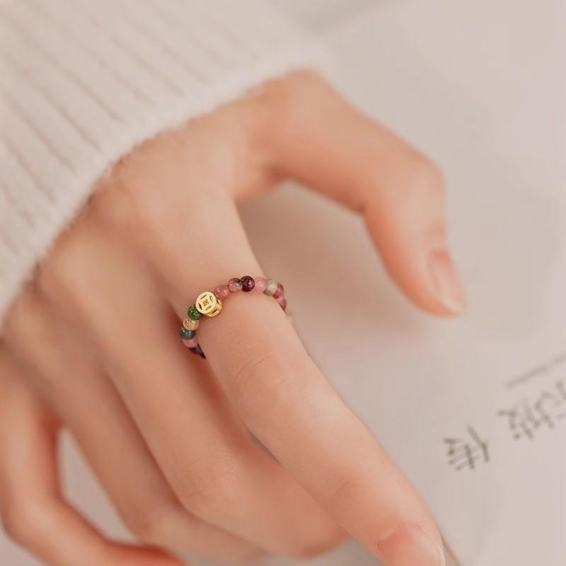 

Tourmaline coin ring niche light luxury closed elastic rope feeling index finger ring plain ring ring accessories wholesale