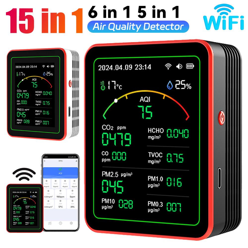 WiFi 15 In 1 Air Quality Monitor TFT Display CO2 Meter Carbon Dioxide Detector PM2.5 PM1.0 TVOC HCHO Temperature Humidity Tester