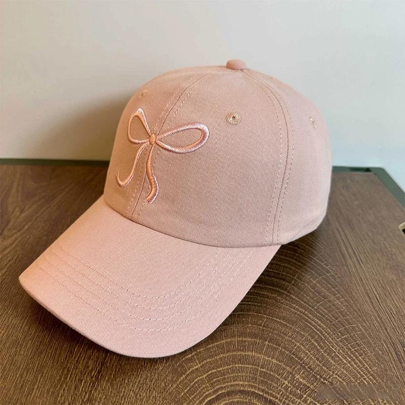 New Korean Pink Bow Embroidered Baseball Cap Wide Brim Soft Top Snapback Trucker Caps Fashion for Women Adjustable Dad Hat