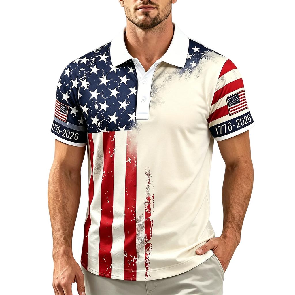 Men's Casual Quick Dry Mesh Golf Polo Shirt Short Sleeve Lightweight Breathable Button Down Top 1776-2026 Flag Print