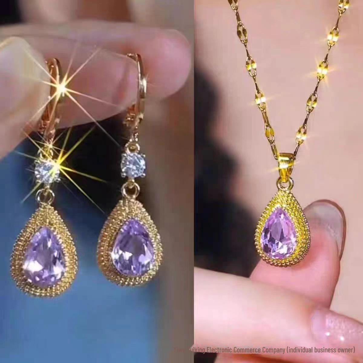 

Комплект из серег и ожерелья Durian Life с фиолетовым цирконием и каплями воды: Элегантный, модный, универсальный дизайн. Earrings and Necklace Set