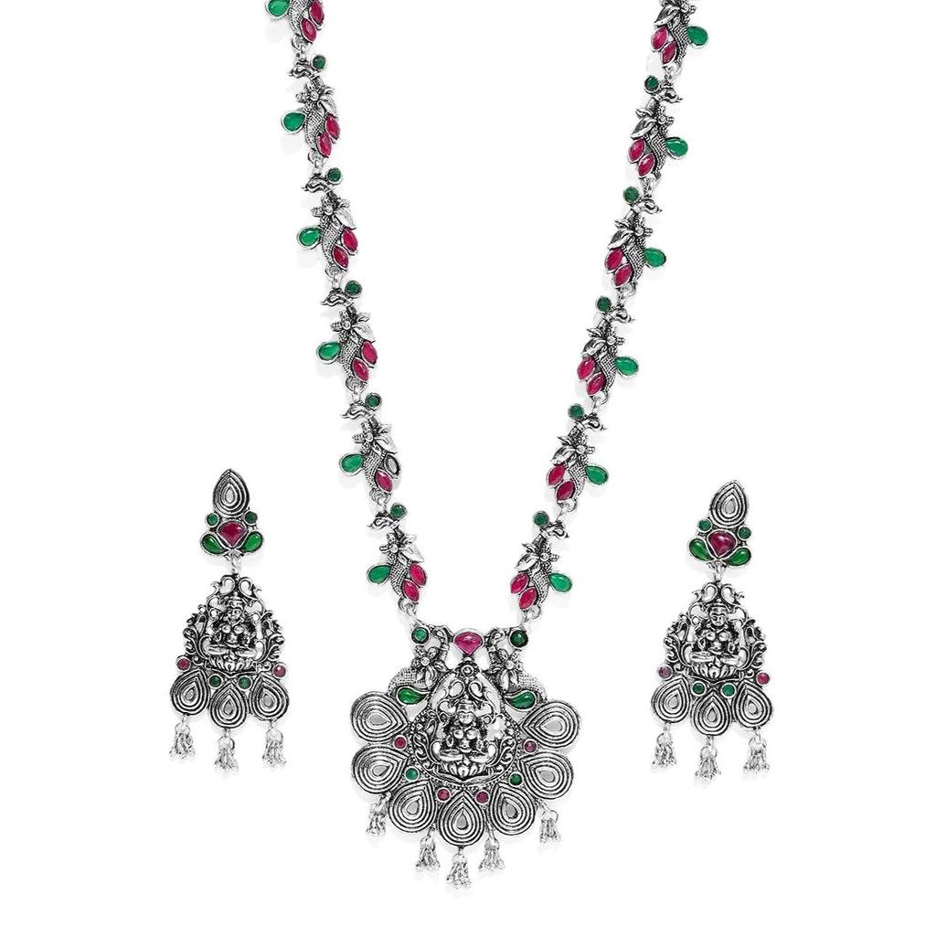 ZAVERI PEARLS Antique Silver Tone Temple Necklace Set For Women