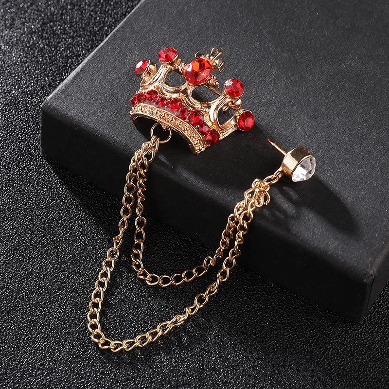 High-end Brooch Crown Crystal Rhinestones Brooches Tassel Chain Lapel Pin British Style Men's Suit Shirt Collar Luxulry Jewelry