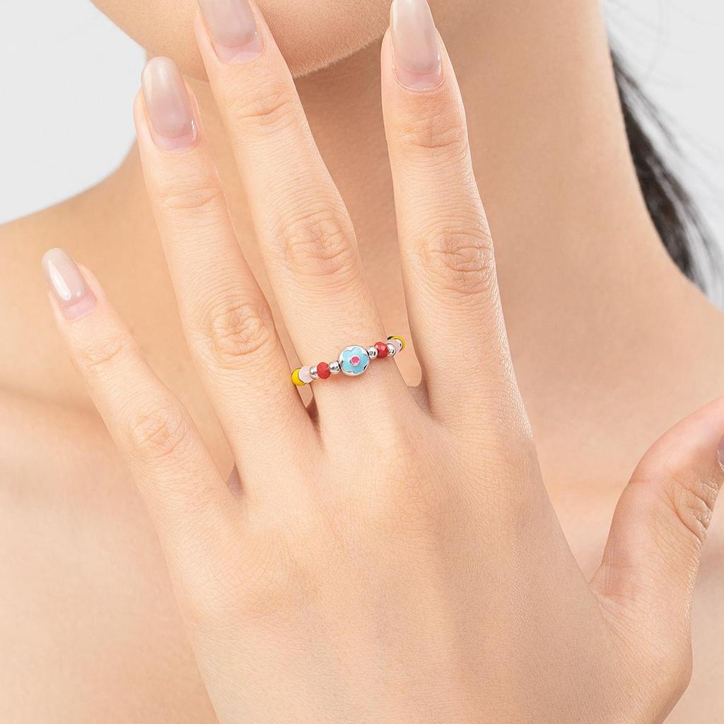 MODIAN Massivt 925 Sterling Silver Färgglada Kristallpärlor Justerbar Ring Emalj Blomma Mode Ringar För Kvinnor Fina Smycken Gåva