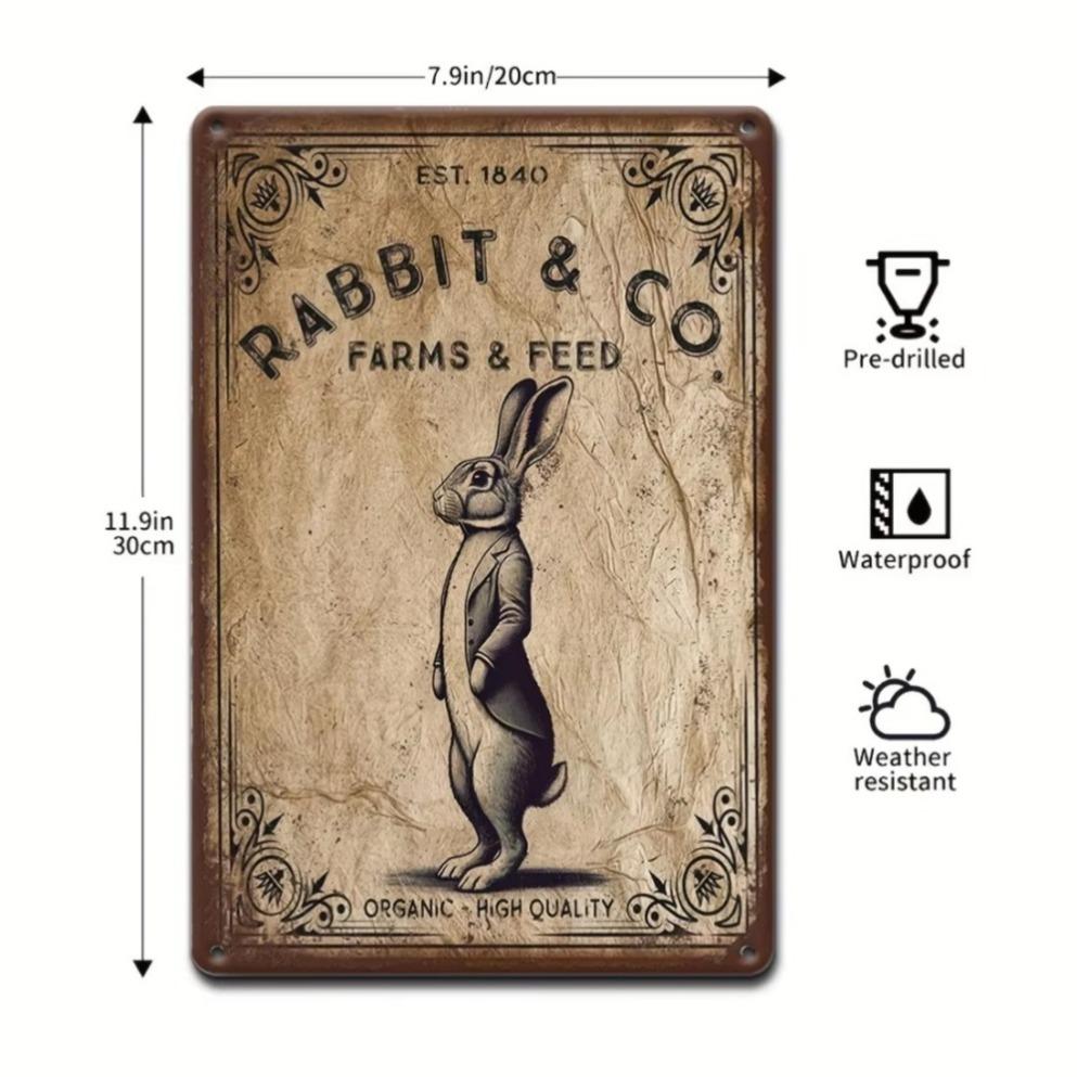 1 szt. Blaszana grafika, Metalowy znak z Zajączkiem Wielkanocnym - "Rabbit & Co". Farms & Feed" | Rustykalna metaloplastyka ścienna na zewnątrz, dekoracja ogrodowa
