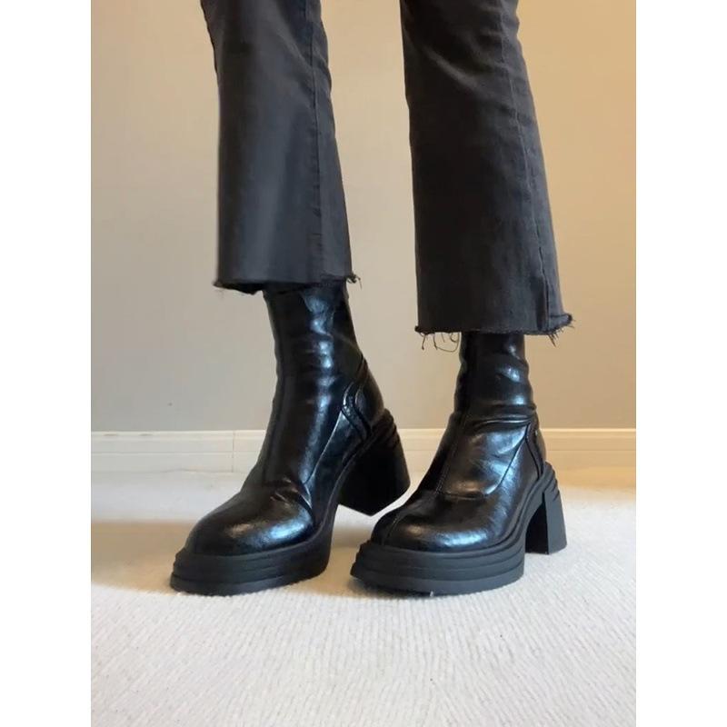 Cowhide version~ retro leather short boots thick-soled heightening Martin boots women's simple rear zipper thick heel retro thin boots
