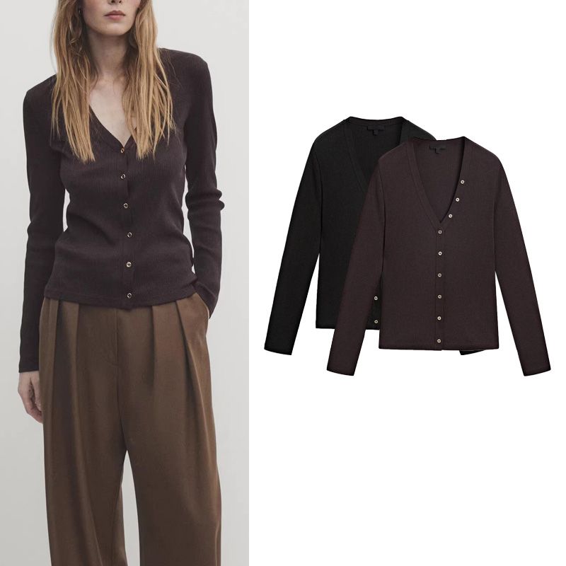 MD Spring New Arrival Minimalist Slim Gold Button Long Sleeves Rib Knitting Long Sleeves Tops 6848578