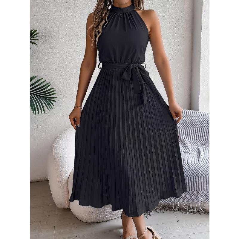 Sleeveless Summer Pleated A-line Dress Casual Solid Color Loose Party Lace-up Elegant Dresses Fashion Midi Sweet Stand Collar Holiday Clothing