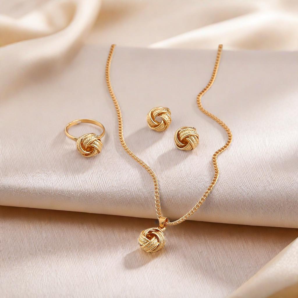 Three-Piece Metal Jewelry Set: Creative Wedding Knot Design with Ring, Earrings, and Necklace