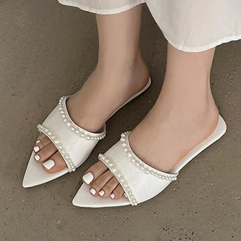 Fashion Women Pointed Toe Slippers Flats Shoes Casual Fashion Dress Shoes Woman Sandals 2025 Summer Trend String Bead Chaussures Femme