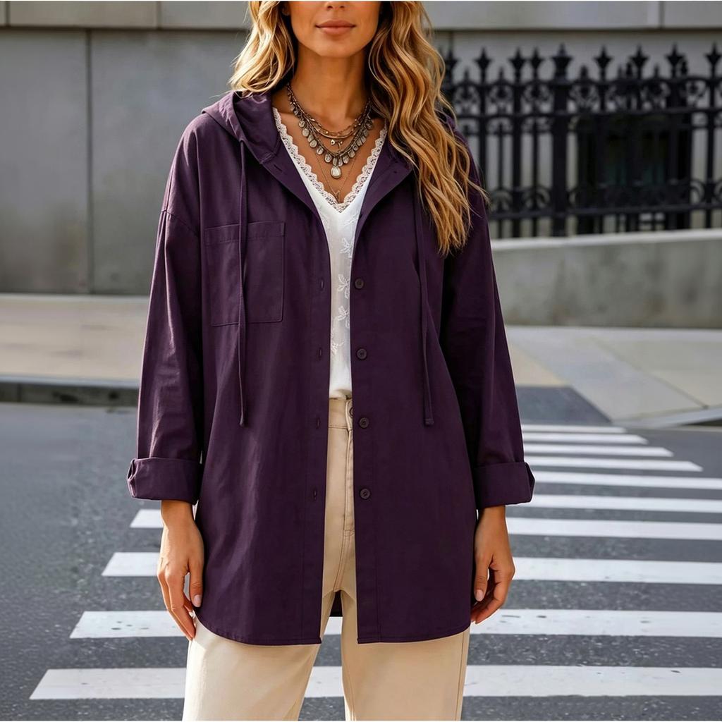Women's Loose Fit Hooded Cargo Jacket Long Sleeve Color Mid Length Drawstring Shirt Jacket
