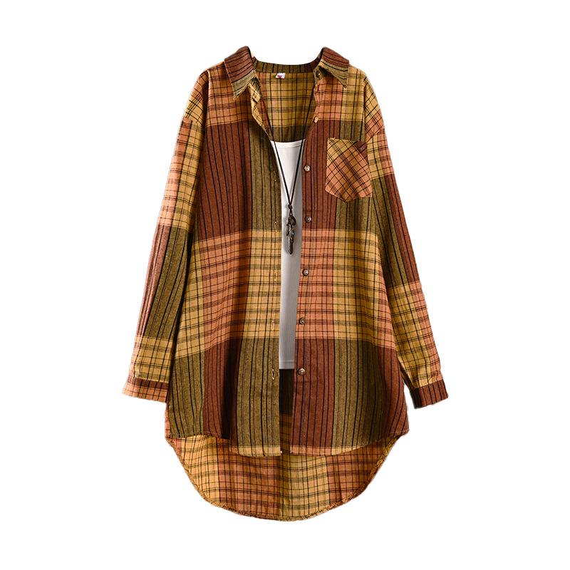 Retro Plaid Long-Sleeve Cotton-Linen Top: Spring/Autumn Loose-Fit Jacket