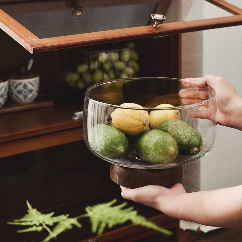 Acacia Wood High-Footed Glass Fruit Bowl and Storage Dish