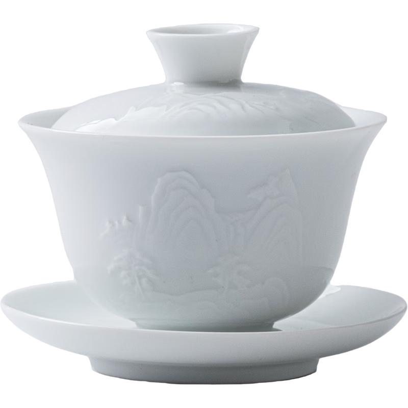 Xiyuanji Yangzhi Jade Porcelain Sancai Gaiwan with Mountain River Relief