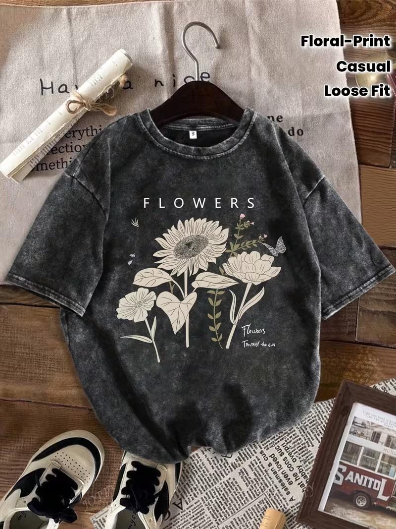 

Pattern Printed Spring and Summer Off Shoulder Loose Washed Tshirt Short Sleeved Round Neck Casual Top Retro Distressed Tshirt S