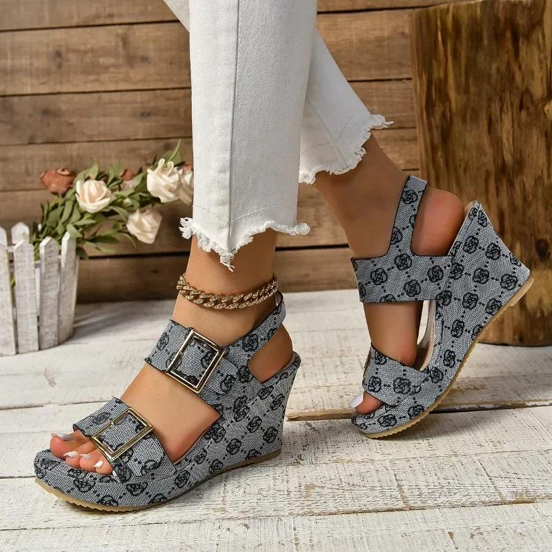 Women's High Heel Wedge Double Buckle Open Toe Sandals 2024 Buckle Multi Color Women's Flat Shoes Heels Womens  Sandals