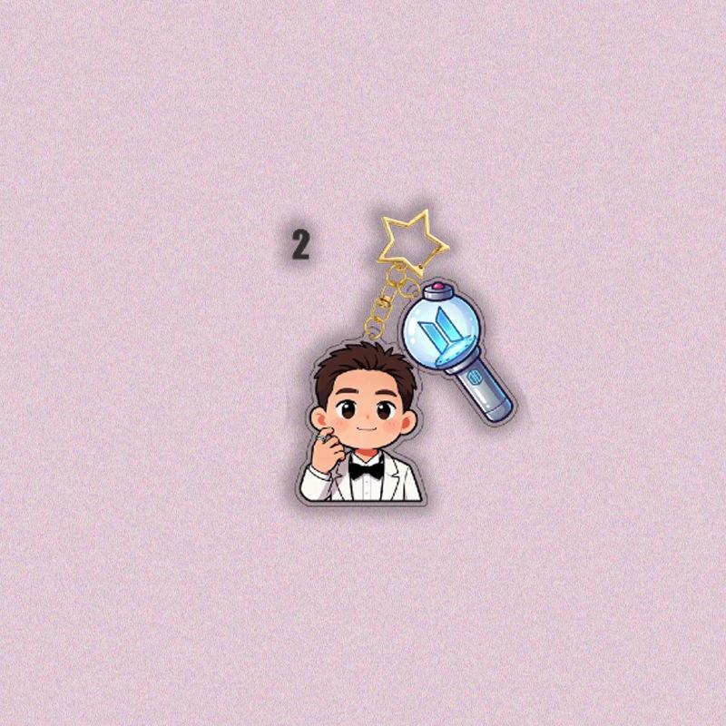 7pcs BTS Cartoon Suit Acrylic Keychain, Bangtan Boys Cartoon Figure with Army Bomb & Star Charm, Kpop ARMY Fans Bag Pendant