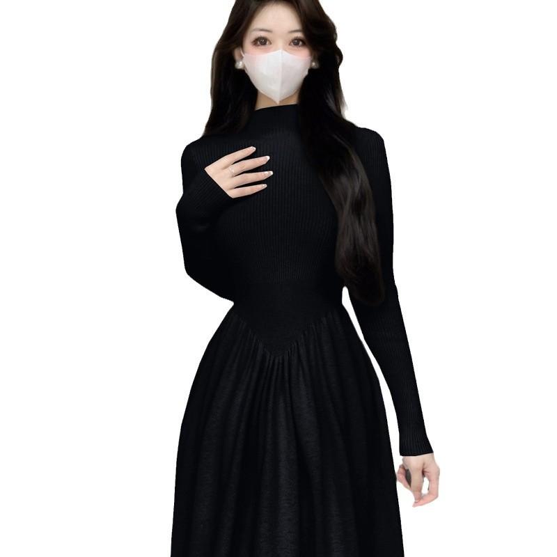 Halbhoher Kragen Schlankmachende Taille Kleiner Mann Fortgeschrittener Sinn Patchwork Gestricktes Unterteil Kleid