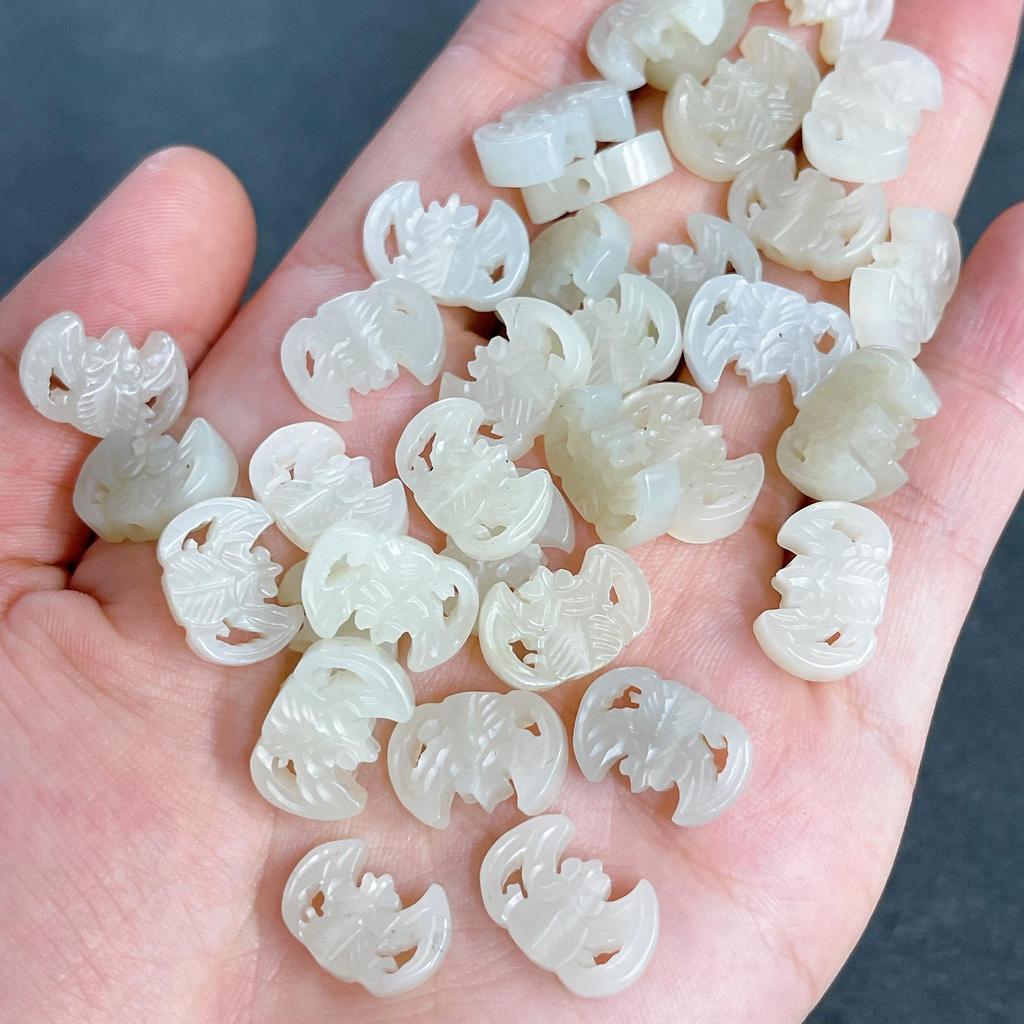 Natural Hetian Jade Four Seasons Beads & Bat Wushi Pai Lotus Seed Prayer Bracelet Pendant DIY Accessory