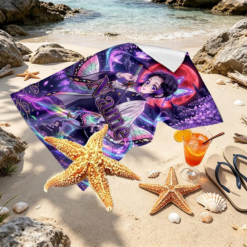Custom Name Personalized Demon Slayer Anime Print Beach Towel, for Trip Camping Beach Party Home Decor, Birthday Gift for Family & Friends