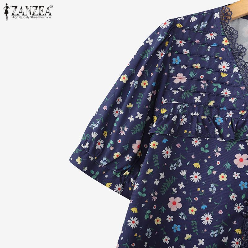 ZANZEA Bluză de vară casual cu gât în V și mâneci scurte cu imprimeu floral pentru femei
