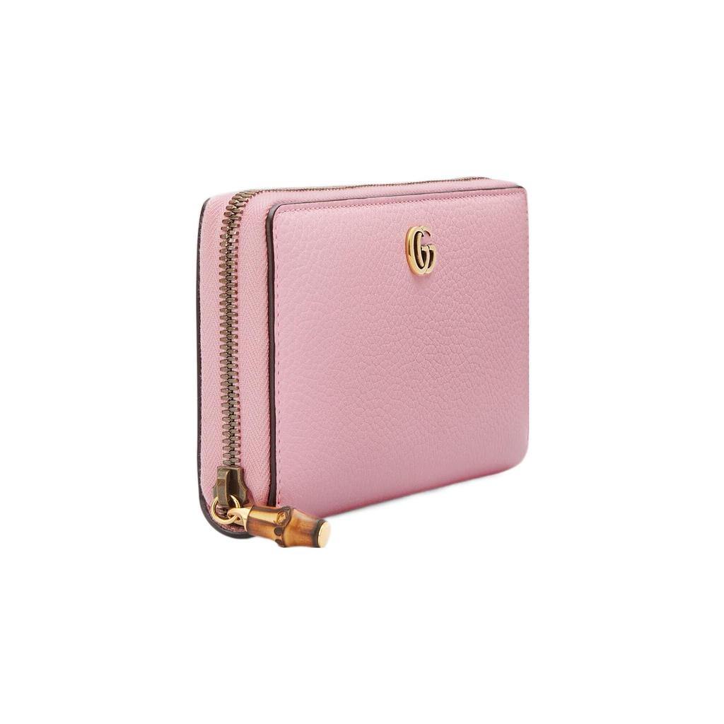 Gucci GG Marmont Pink Grained Leather Zip Around Long Wallet With Bamboo Pull For Women Luxury Daily Use