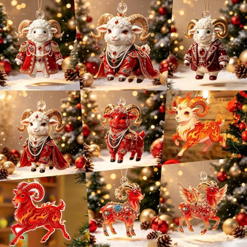 2D Flat Acrylic Hanging Ornament Red Gold Winged Goat Acrylic Pendant Christmas Tree Decoration Lunar New Year Holiday Gift