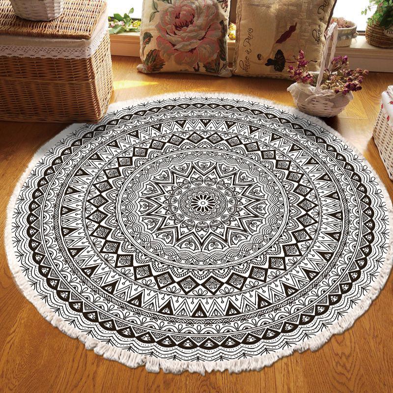Nordic Cotton and Linen Home Leisure Non-slip Fringed Printed Round Carpet Living Room Floor Mat Bedroom Bedside Blanket