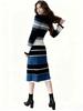 Women's Vintage Striped Knit Sweater Dress Fashion Mid-Length Dress Autumn Winter Warm Clothing