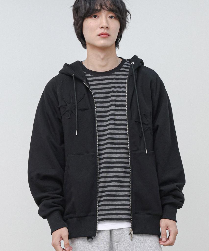 Moderment Applique Washed Oversized Zip-Up Hoodie [Black]
