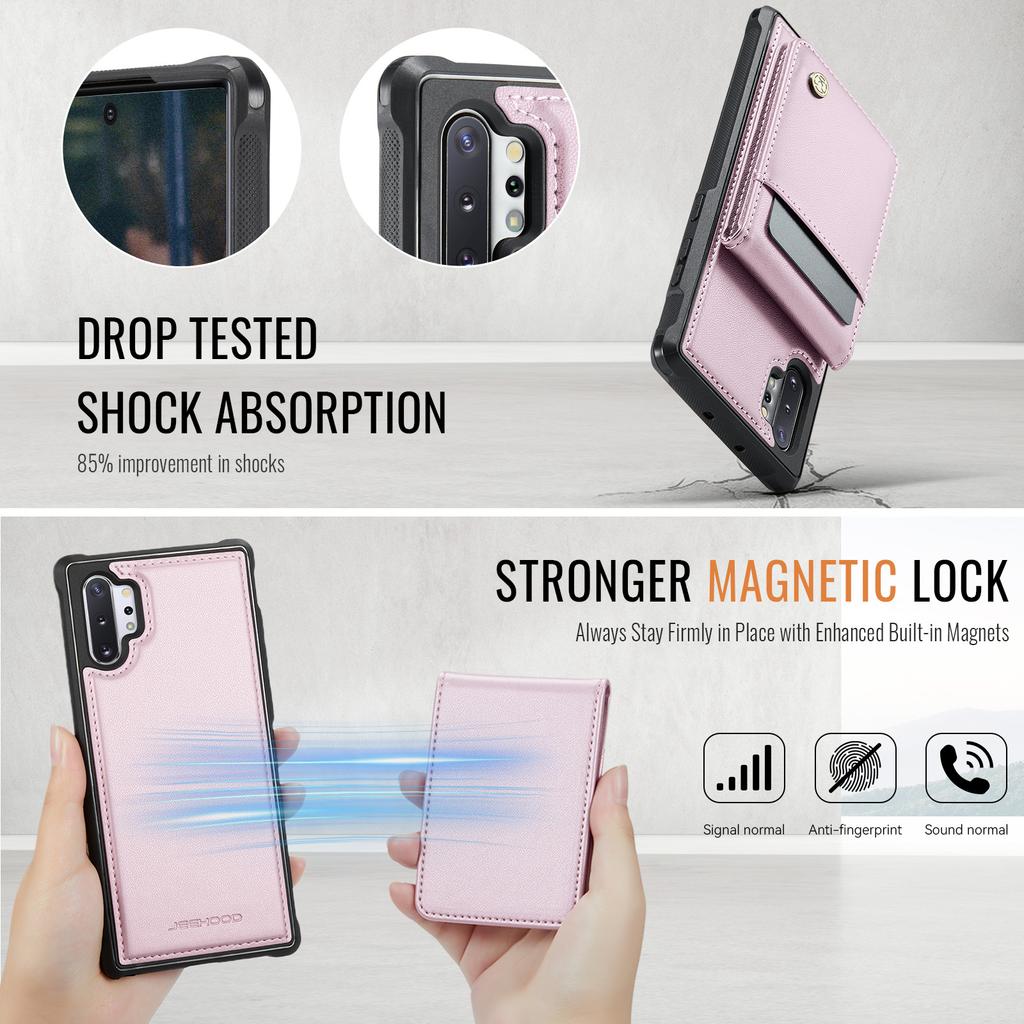 For Samsung Galaxy Note 10 Plus 5G Leather Back Cover Compatible with MagSafe JEEHOOD J06 Phone Case with Card Bag RFID Blocking