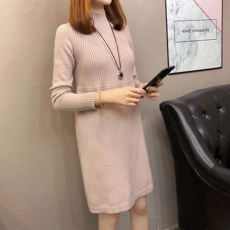 Half Turtleneck Sweater for Women In Autumn and Winter Loose Long-sleeved Mid-length Knitted Dress Solid Color Casual Pullover
