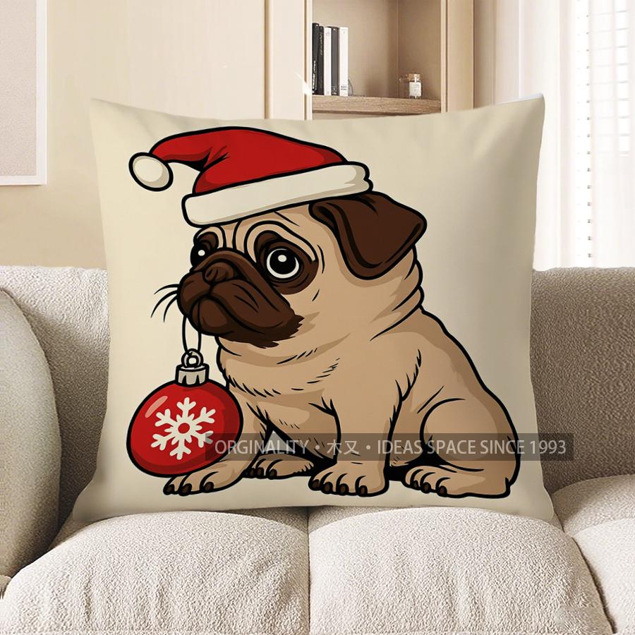 

Home Decor Cute Pug with Candy Cane Merry Christmas Pillow Pattern Cushion Cover Suitable for Sofa Bedroom Car Pillow Cover 40x40cm