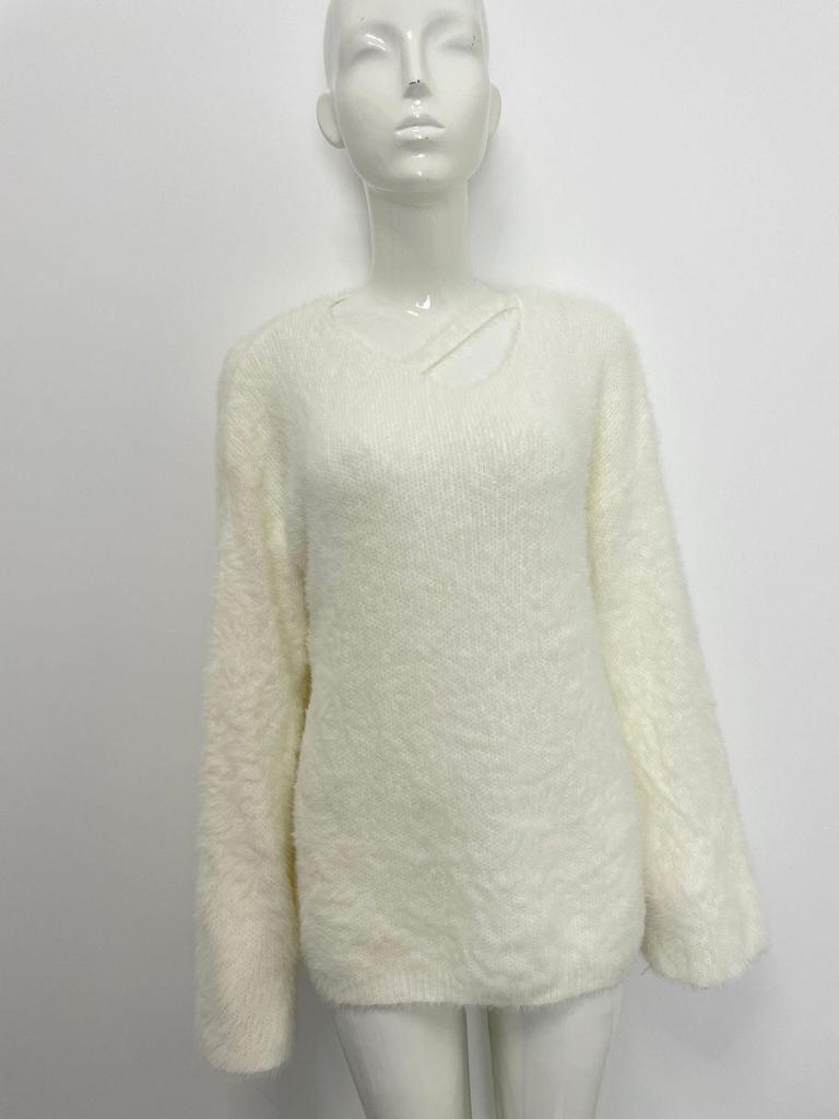 2025 Hollow V-Neck Faux Mink Velvet Sweater: Soft Knit Women's Solid Color Top