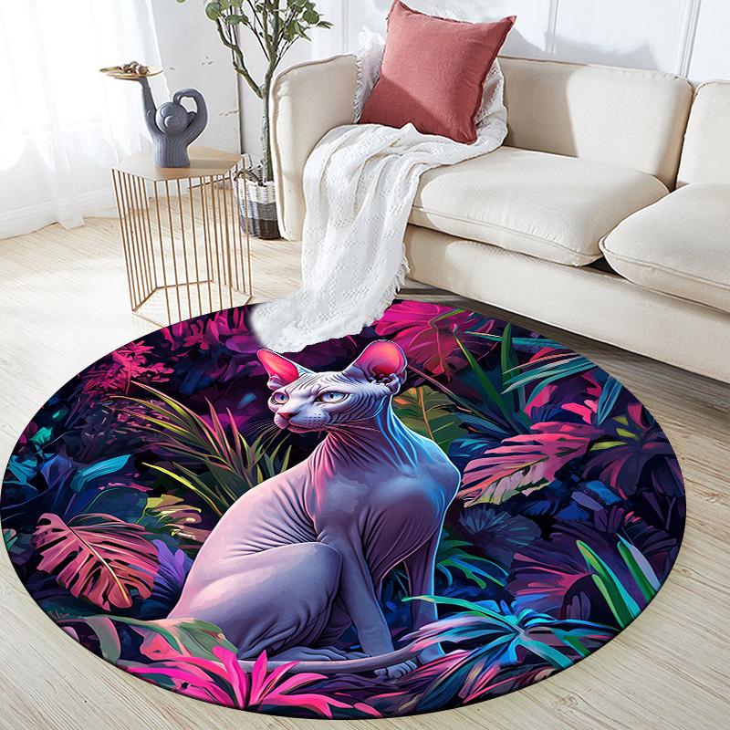 Sphynx Cat In Grass,Round Area Rug,Carpet Rug for Living Room Bedroom Sofa Playroom Decor,Non-slip Floor Mat