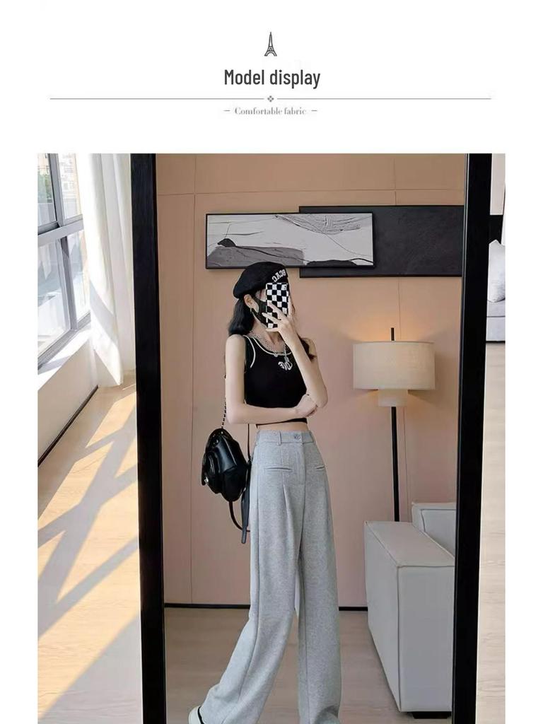 High-End Wide-Leg Knit Pants: Faux Pocket, Slimming, High Waist, Petite Fit for Women - Perfect for Autumn and Spring