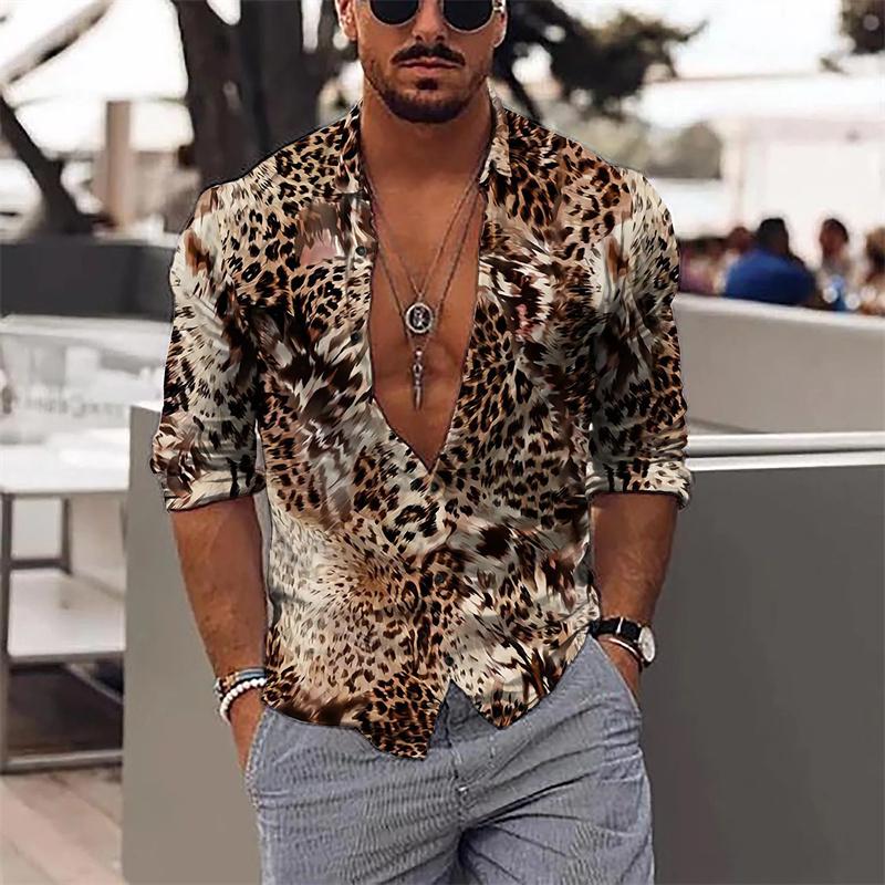 Camicia da Uomo Leopardata alla Moda Top Viola Zaffiro Grigio Casual da Esterno Primavera Estate Materiale di Alta Qualità Taglie Forti
