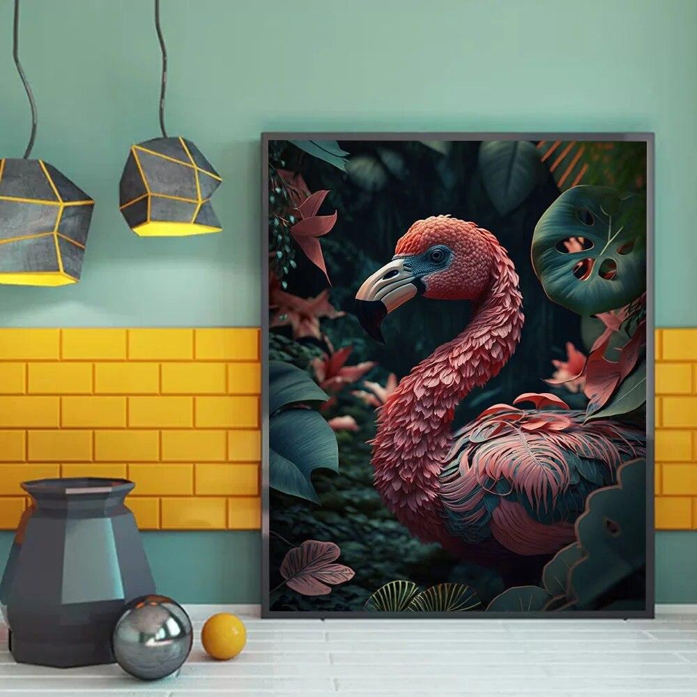 

Животные джунглей, холст, картина, настенная живопись, лев, обезьяна, фламинго, панда с тропическими растениями, печать плакатов для гостиной, домашний декор, без рамки 21*30cm