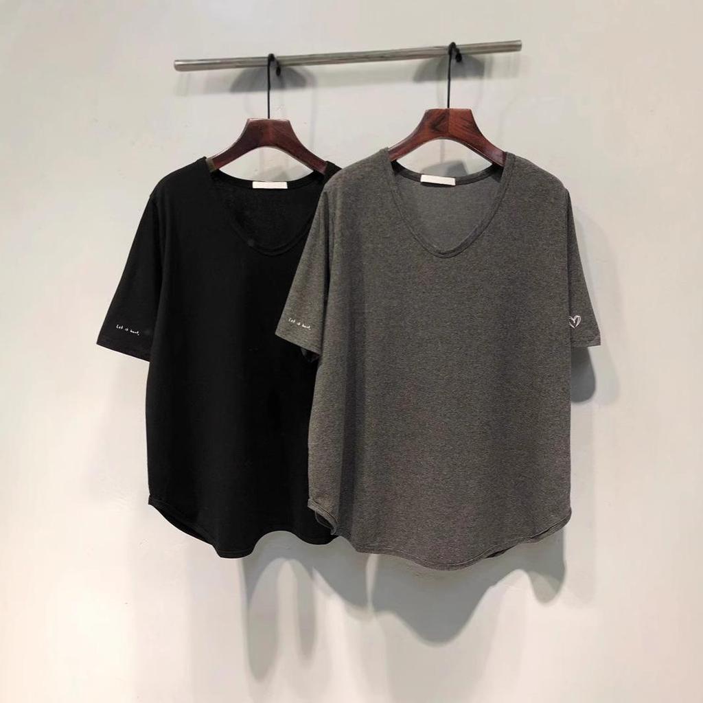 Plus Size Summer 2025 V-Neck Heart Short Sleeve Women's Loose Slimming T-Shirt