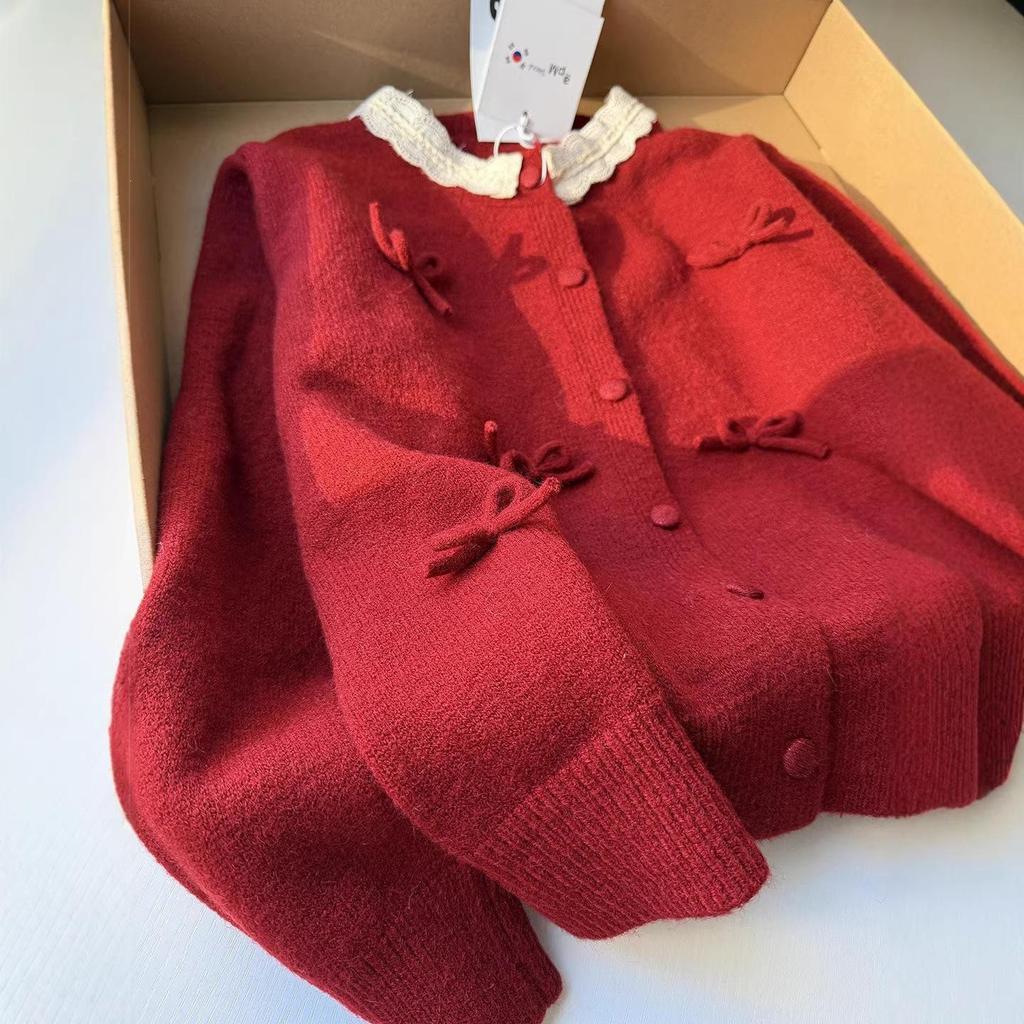 Korean Sweet Bow Knot Knit Cardigan with Lace Collar - Women's Trendy Spring/Autumn Sweater