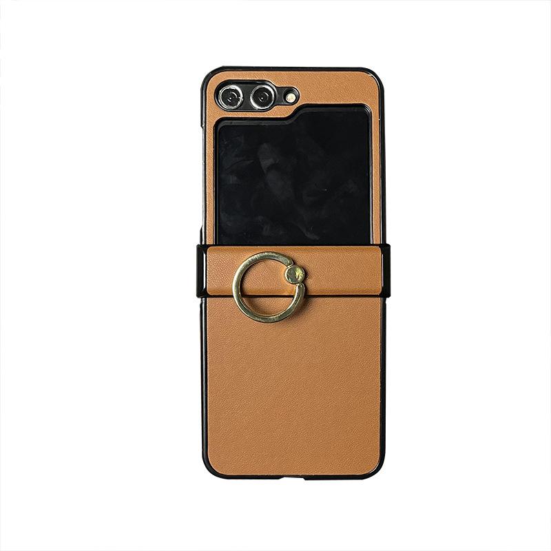 Suitable for Samsung Z Flip6 mobile phone case Z Flip5 simple solid color plain leather pattern ring buckle anti-drop protective case