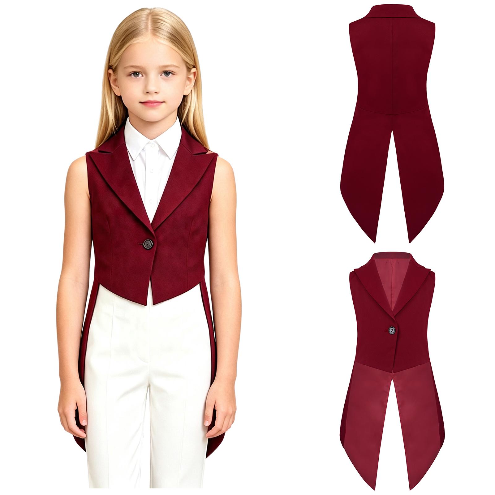 Mädchen Bühne Party Formale Jacke Ärmellos Revers V-Ausschnitt Ein-Knopf Frack Schwalbenschwanz Blazer zum Verkleiden Kostüm 9-10 Years bordeaux