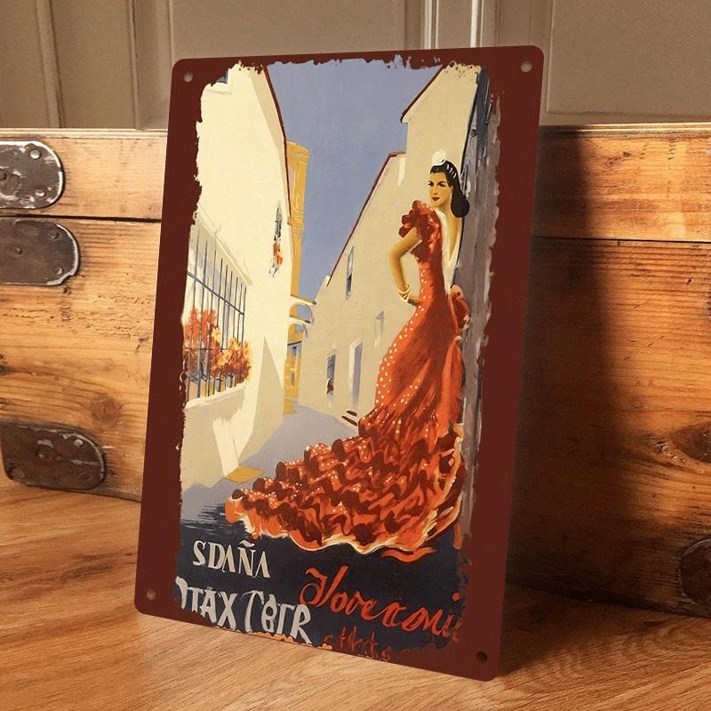

1 piece of vintage Spanish-style tinplate hanging plaque, flamenco dancer art decorative painting, living room/bar wall decorati (as the picture,20x30cm)