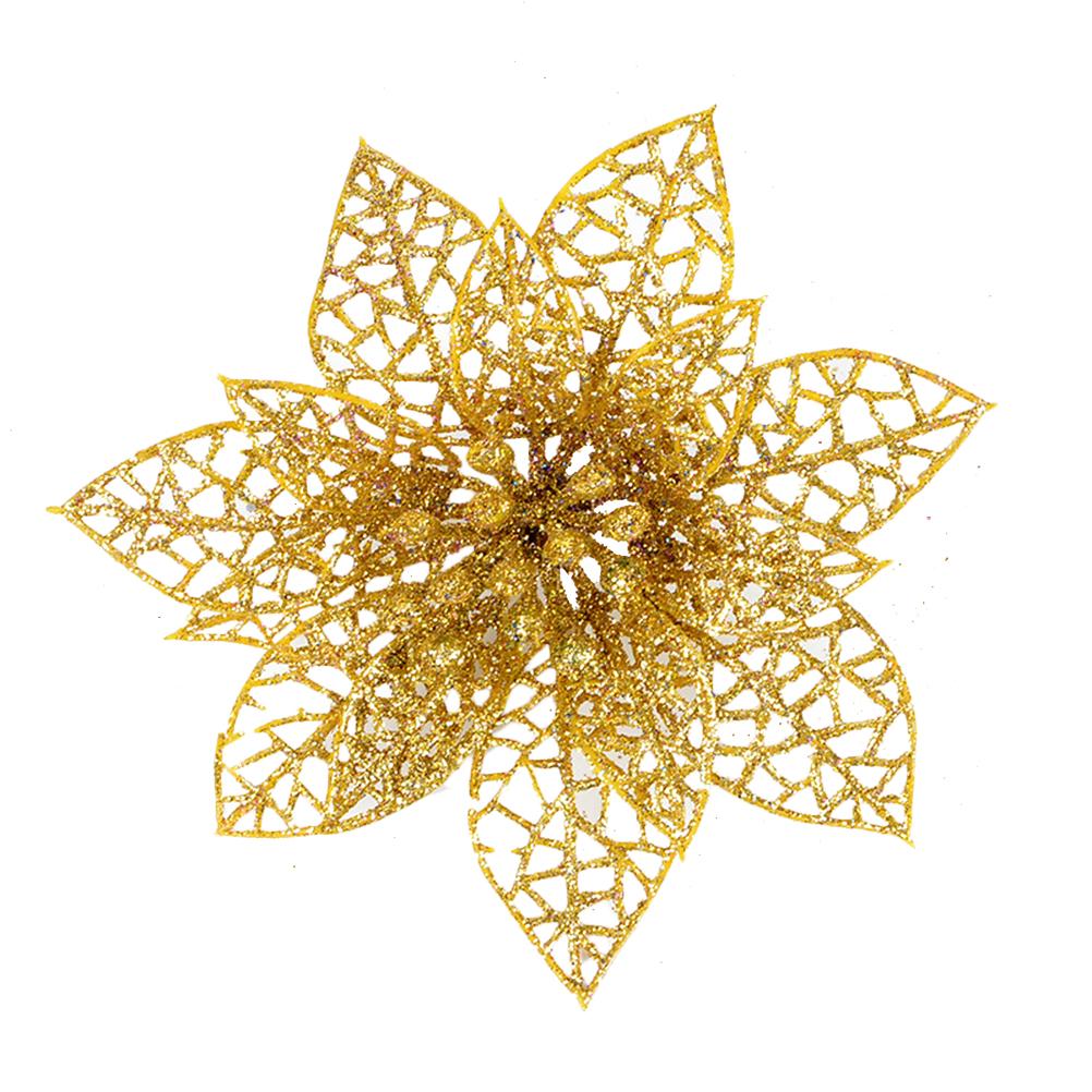 10pcs Christmas Glitter Poinsettia Flowers Tree naments Flower Artificial Decoration Tree nament Xmas Party Supplies