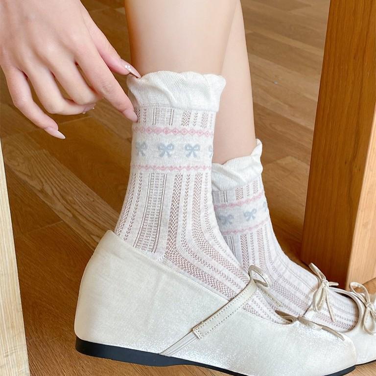 Retro Fair Isle Ruffle Bow Mid-Calf Socks for Women - Cute Lace Academy Style Slouch Socks