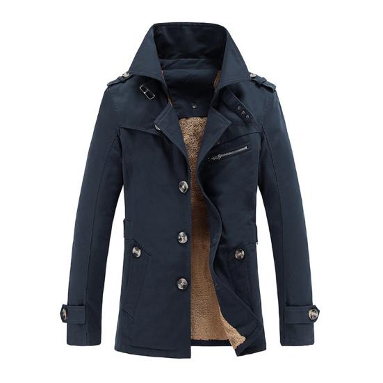Yousheng Men Cotton Jacket Button Closure Solid Color Autumn Coat with Pockets Thickened Velvet Lining Casual Windbreaker